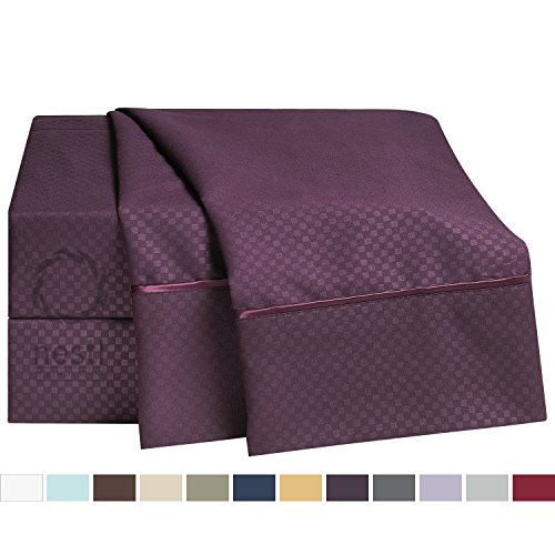Bed Sheet Bedding Set, Queen, Purple Eggplant, Elegant Checkerboard Design - 2000 Luxury Bedding Collection, Soft Microfiber Deep Pocket Sheet, Hypoallergenic, Bed Linen Set by Nestl Bedding