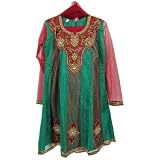 Kids Party Wear Fire Brick Red Green Anarkali Churidar with Dupatta 3pc Set