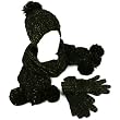 Winter 3pc Set Knit Pom Pom with Gold Beanie Skull Ski Cap Hat Scarf Gloves Black