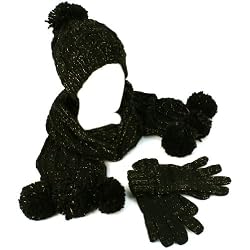 Winter 3pc Set Knit Pom Pom with Gold Beanie Skull Ski Cap Hat Scarf Gloves Black