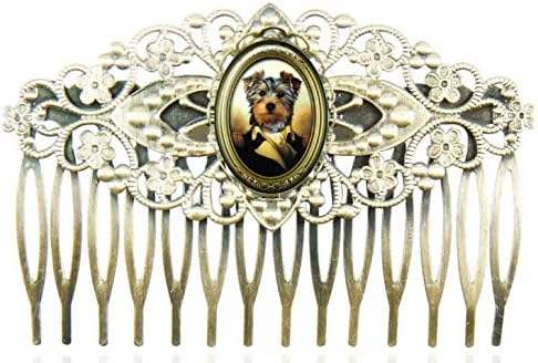 Filigree hair comb with with oval glass cabochons protecting a design with a dog dressed up an army general