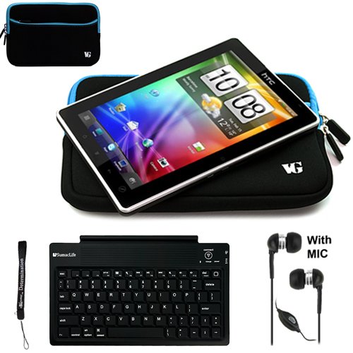 Blue Trim - Black Slim Protective Soft Neoprene Cover Carrying Case Sleeve with Extra Pocket // Fits Anywhere// for HTC Flyer 3G WiFi HotSpot GPS 5MP 16GB Android OS AD2P 7 Inch Tablet Device + Includes a eBigValue (TM) Determination Hand Strap + Includes a Crystal Clear HD Noise Filter Handsfree with Mic and Mute Button + Includes a Slim Travel Wireless Bluetooth Keyboard