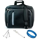 Black Pinn Shoulder Bag Carry Case for HP Touchpad 9.7-inch Web OS Tablet + Universal Butterfly Tablet Stand + Executive Laser Stylus Pen with LED Light + SumacLife TM Wisdom*Courage Wristband