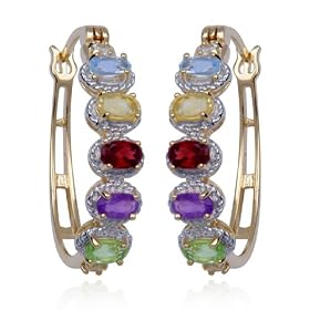 18k Yellow Gold Overlay Sterling Silver Multi-Gemstone Hoop Earrings