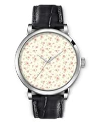 SPRAWL Aanalog Fashion Series Silver Ladies Watches of Genuine Black Leather Strap,Unique Wrist Watch for Women Girls Designed with Set of pink flowers