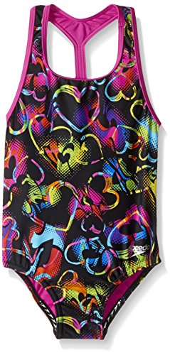 Speedo Big Girls Neon Love Keyhole Thick Strap 1 Piece, Speedo Black, 12