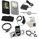 GTMax USB Data Cable + Rapid Car Charger + Home Travel Charger + White Retractable Stereo Audio Cable M/M + Black Armband + White Portable Folding Stereo Speaker + Silicone Soft Cover Case (Black + Clear) + Black Soft Gel Headset + Universal Screen Protector for Sony Walkman NWZ A726 / A728 / A729 / A828 / A829