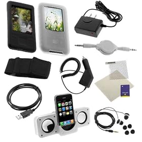 GTMax USB Data Cable + Rapid Car Charger + Home Travel Charger + White Retractable Stereo Audio Cable M/M + Black Armband + White Portable Folding Stereo Speaker + Silicone Soft Cover Case (Black + Clear) + Black Soft Gel Headset + Universal Screen Protector for Sony Walkman NWZ A726 / A728 / A729 / A828 / A829