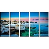Sunset beach print on canvas, beach stones canvas prints, prints for modern home and office interior d&eacute;cor, seascape canvas designs, 5 panel print, sunset wall art, framed and ready to hang