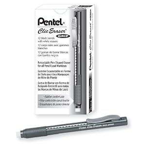 Pentel Clic Eraser Grip, Retractable Eraser, Black Barrel, Box of 12 (ZE22A)