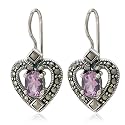 Sterling Silver Marcasite and Amethyst Heart Wire Earrings