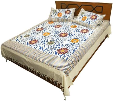 100% Cotton White Bed Sheet Full Size Flat Sheet Floral Print Indian Bed Cover