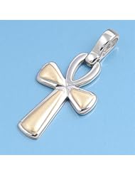 Sterling Silver Ankh Cross Pendant Two Tone Key of Life Charm Solid 925 New 28mm with 1mm Box Chain