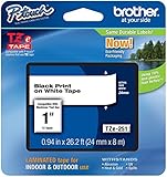 Brother P-touch ~1" (0.94") Black on White Standard Laminated Tape - 26.2 ft. (8m)