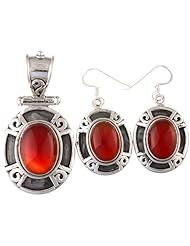 Carnelian Oval Pendant with Earrings Set - Sterling Silver