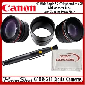 Lens Bundle Kit For Canon G10 & G11 Digital Camera Includes Necessary Adaptor Tube + 2x HD Telephoto Lens + .45x Professional HD Wide Angle Lens With Macro + Lens Pen Cleaning Kit + MicroFiber Cloth