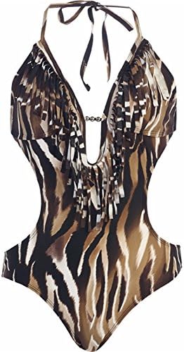 MW Women's Fringe Swimwear Monokini Bikini 1-Piece Swimsuit,X-Large / 12,Brown Tiger