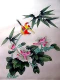 Silk Red and Yellow Birds, Bamboo and Pink Flowers Painting