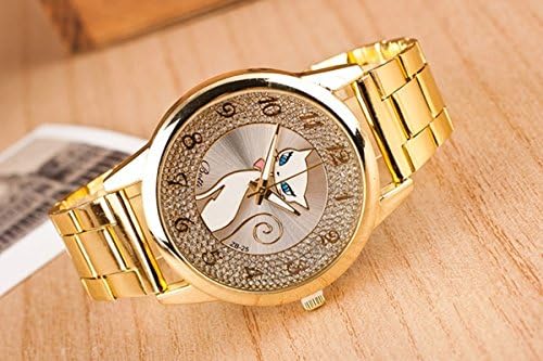 Stylish Cat Pattern Gold Steel Quartz Dress Women Watch