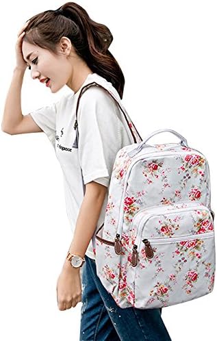 TTOBS® Vintage Cute Waterproof Floral Canvas + PVC Layer Campus Backpack Schoolbag Bookbag Laptop daypack Rucksack for University School College Student Teen Girl Women (White)