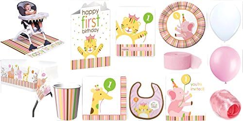 Girls 1st Birthday Zoo Party Supplies for 16 Guests This Ultimate Party Pack Includes High Chair Kit, Centerpiece, Fabric Bib, Table Cover, Cups, Napkins, Plates, Invitations, Treat Bags, Curling Ribbon, Streamer, and Balloons - This Bundle Includes 114 Pieces!