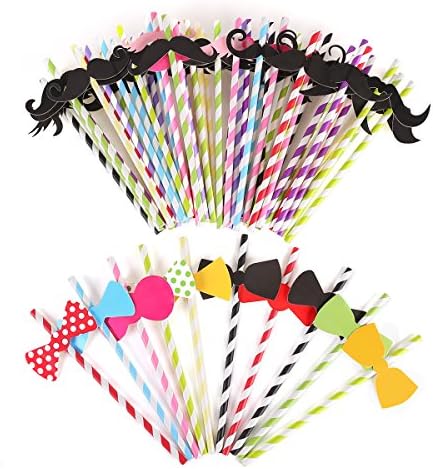60x Retro Vintage Stripe Paper Drinking Straws w Mustache Bow Masks
