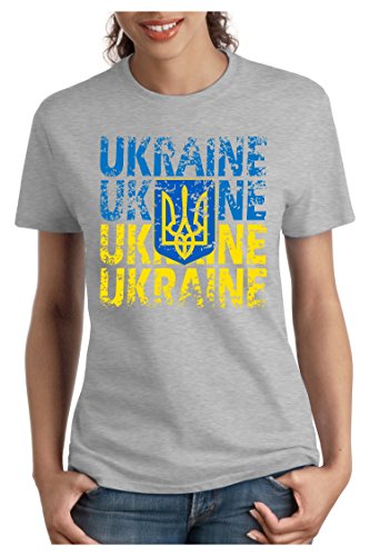 OM3 – UKRAINE – Damen T-Shirt tailliert – UKRAJINA EM 2016 FRANKREICH FRANCE FUSSBALL FANSHIRT SOCCER SPORT TRIKOT EUROPAMEISTER, L, grau meliert
