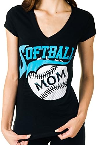 Activewear Apparel Softball Women's "Softball Mom" V-Neck T-Shirt (Medium, Black/Teal/White)