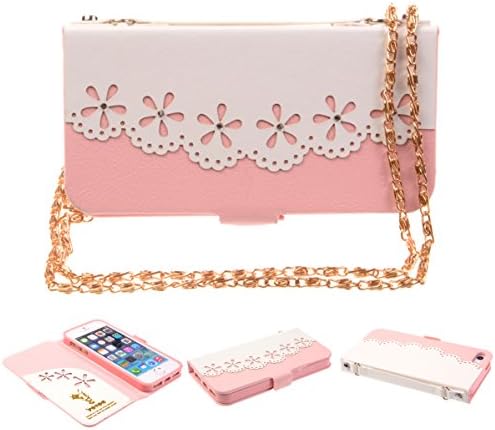 NineStates Clutch Style Lace Wallet Case Cover for Apple iPhone 5/5S with Hand Strap, Removable Shoulder Chain, Card Slots + a Nine States Logo Pouch (Baby Pink)