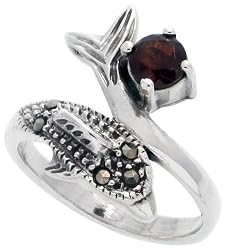 Sterling Silver Marcasite Dolphin Ring, w/ Brilliant Cut Ruby CZ, 3/4" (19mm) wide