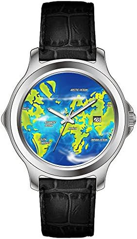 KSD Personalized Customized Gift Watch Men's Fashion Japanese Quartz Date Leather Black Band Wrist Watch Flooded Earth Map Wristwatches
