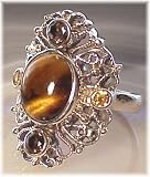 Sterling Silver Tiger Eye, Smoky Quartz & Citrine Ring