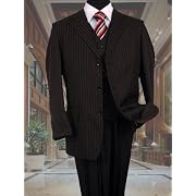 CLASSIC 3PC 3 BUTTON COLOR BLACK MENS SUIT WITH RED PINSTRIPE BY: JEAN PAUL. SUPER 130'S EXTRA FINE ITALIAN WOOL