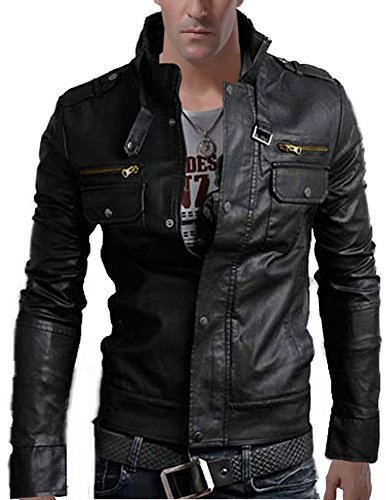 Senfloco Men's Stand Collar Multi Pocket PU Leather Motorcycle Jacket