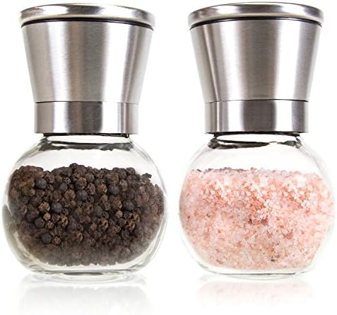 BTOZ Premium Stainless Steel Salt and Pepper Grinder Set of 2 - Brushed Stainless Steel Pepper Mill Salt Mill, 6 Oz Glass Round Body, 5 Grade Adjustable Ceramic Rotor