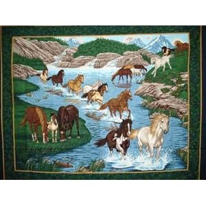 Various-Breeds-of-Horses-Trotting-Through-Water-and-Grazing-Large-Fabric-Panel