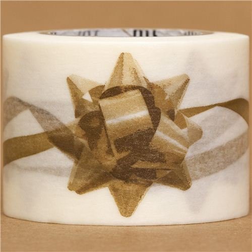 Imagen 1 de Cinta adhesiva ancha Washi, con lazo dorado para regalos, mt