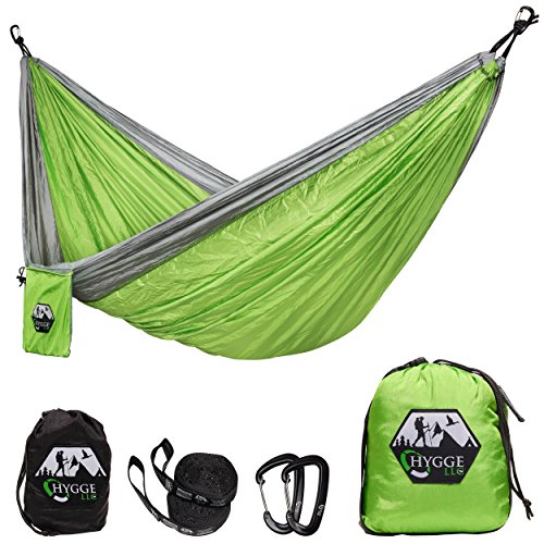 Double Hammock made of Premium Quality 210T Parachute Nylon - Lightweight Kit Includes 7075 Series Aluminum Wire Carabiners, Adjustable Triple Stitched Straps with Carrying Case, exclusively by Hygge