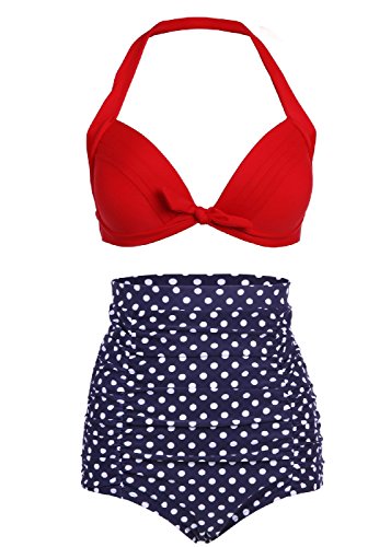 High Waist Retro Bikini Swimsuit Swimwear with Dark Blue Polka Dot Bottom and Red Top