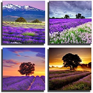 iPainting - Landscapes Giclee Canvas Prints Lavender Flower Framed Canvas Wall Art For Home Decor Perfect 4 Panels Wall Decorations for Living Room Bedroom Office Each Panel Size:12x12inch