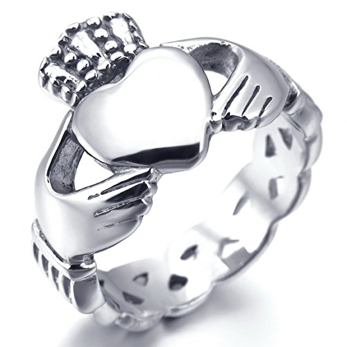 Women,Men's Stainless Steel Ring Silver Irish Celtic Knot Irish Claddagh Friendship Love Heart Crown