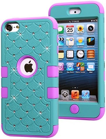 iPod Touch 6 Case,iPod Touch 5 Case, Quola 3 Layers Studded Rhinestone Crystal Bling Hybrid Armor Case Cover for Apple iPod Touch 6 / iPod Touch 5(Teal/Purple)