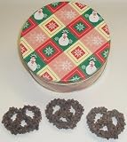 Scott's Cakes 1 lb. Dark Chocolate Covered Pretzel with Chocolate Chips in a Snowman Tin