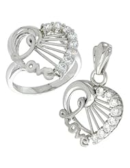 Sterling Silver LOVE Heart Ring & Pendant Set CZ Stones Rhodium Finished
