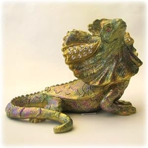 Frilled Lizard Figurine Statue Trinket Box Set with Swarovski Crystals, Frilled Iguana Ring Box