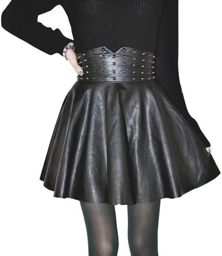Punk Black Skater Skirt Rivets Faux Leather High Waist Pleated Skirt For Women