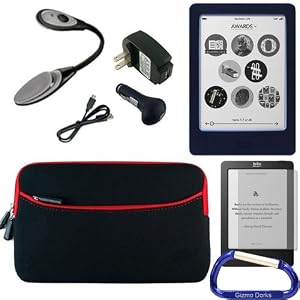Click for larger image Gizmo Dorks Silicone Skin Cover (Black), Neoprene Zipper Sleeve (Black with Red Trim), and Super Charging Bundle with Carabiner Key Chain for the Kobo eReader Touch Edition