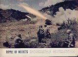 RIPPLE OF ROCKETS: From a sheltered valley on the central Korean front, a Marine platoon sends 4.5 inch rockets flaming toward two companies of enemy troops during repulse of Communist second spring offensive. Using six rocket launchers with 24 tubes each, the platoon in a matter of seconds blasted Red positions with 144 rounds - a barrage which rocketmen call a 