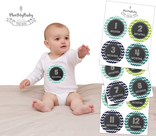 Monthly Baby Stickers Baby Boy Month 1-12 Milestone Age, Chevron, Chalkboard