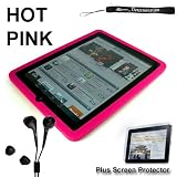 iPad Silicone Skin Brand New Hot Pink fits snuggly + Includes a 4-inch eBigValue (TM) Determination Hand Strap + Anti-Glare Screen Protector for iPad Tablet ( All Models ) + Fashion Earbud Headset Headphones 3.5mm In-Ear Stereo ( Black )
